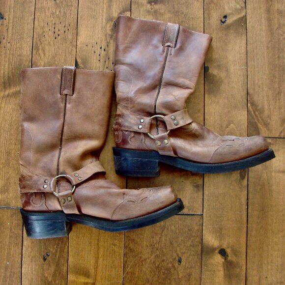 Boulet Brown Leather Harness Motorcycle Boots Mens Western Cowboy Size 9 E 9E - Picture 2 of 16